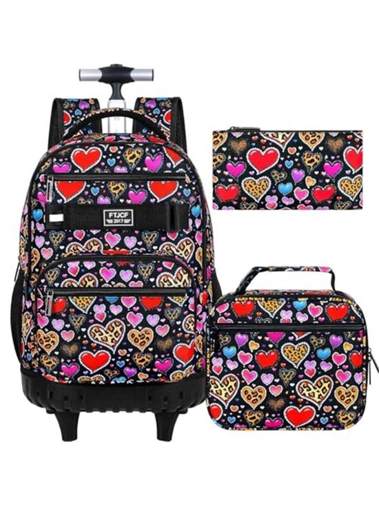 Hearts Print Rolling Backpack Wheels Lunch Box Pencil Bag Girls main image 6